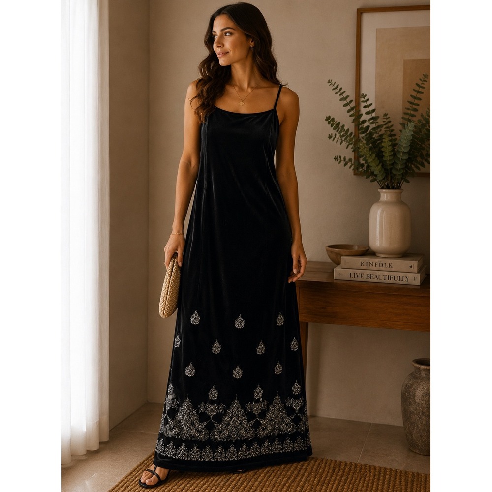 Status Collection Black Velvet Maxi Dress Silver Glitter  Open‎ Back XL
